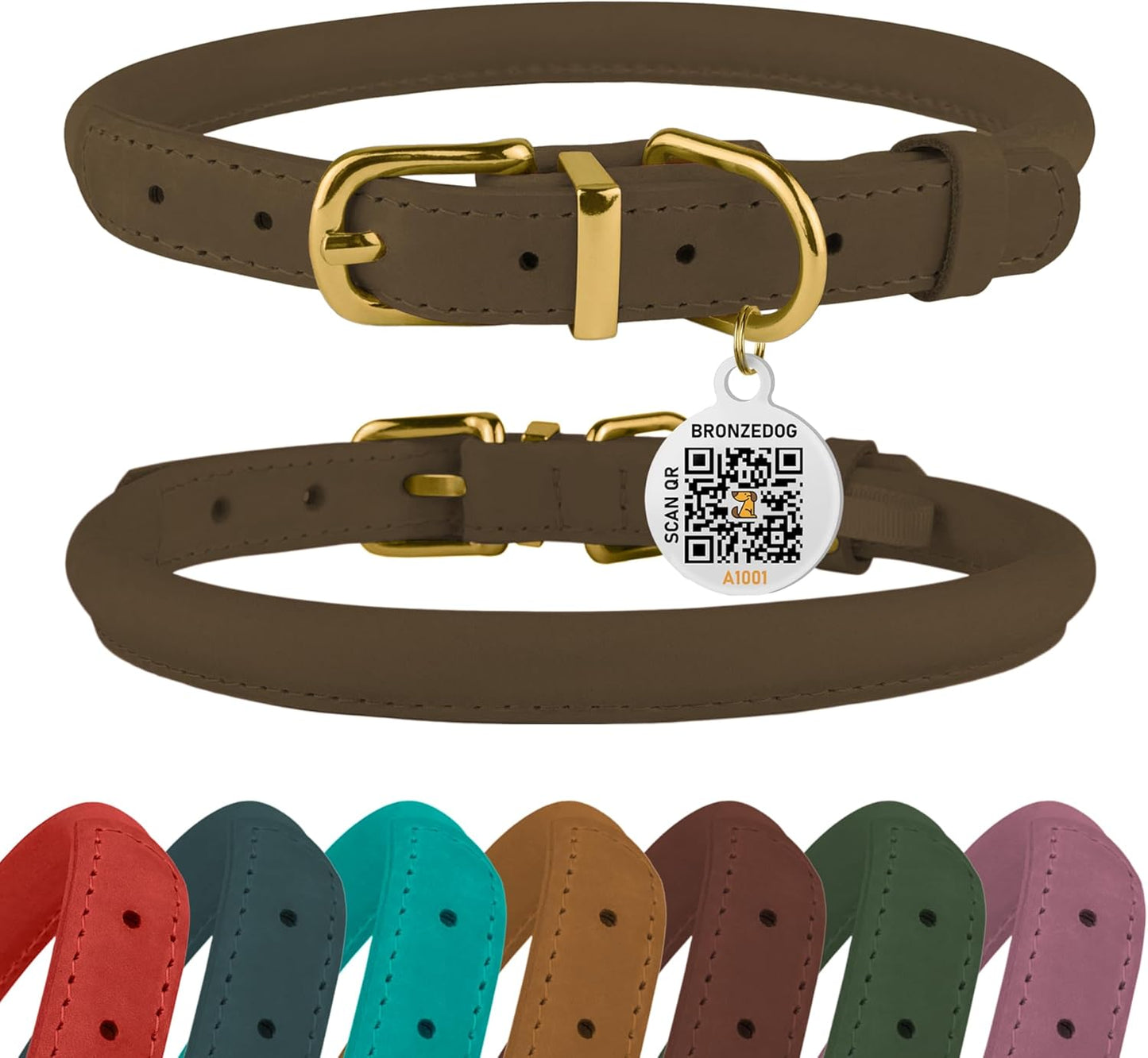 BronzeDog Rolled Leather Dog Collar with QR ID Tag, Adjustable Soft Round Collars for Small Medium Large Dogs Puppy (9" - 11" Neck Size, Nut Brown)