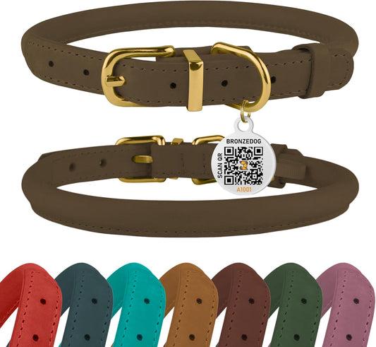 BronzeDog Rolled Leather Dog Collar with QR ID Tag, Adjustable Soft Round Collars for Small Medium Large Dogs Puppy (11" - 14 1/2" Neck Size, Nut Brown)
