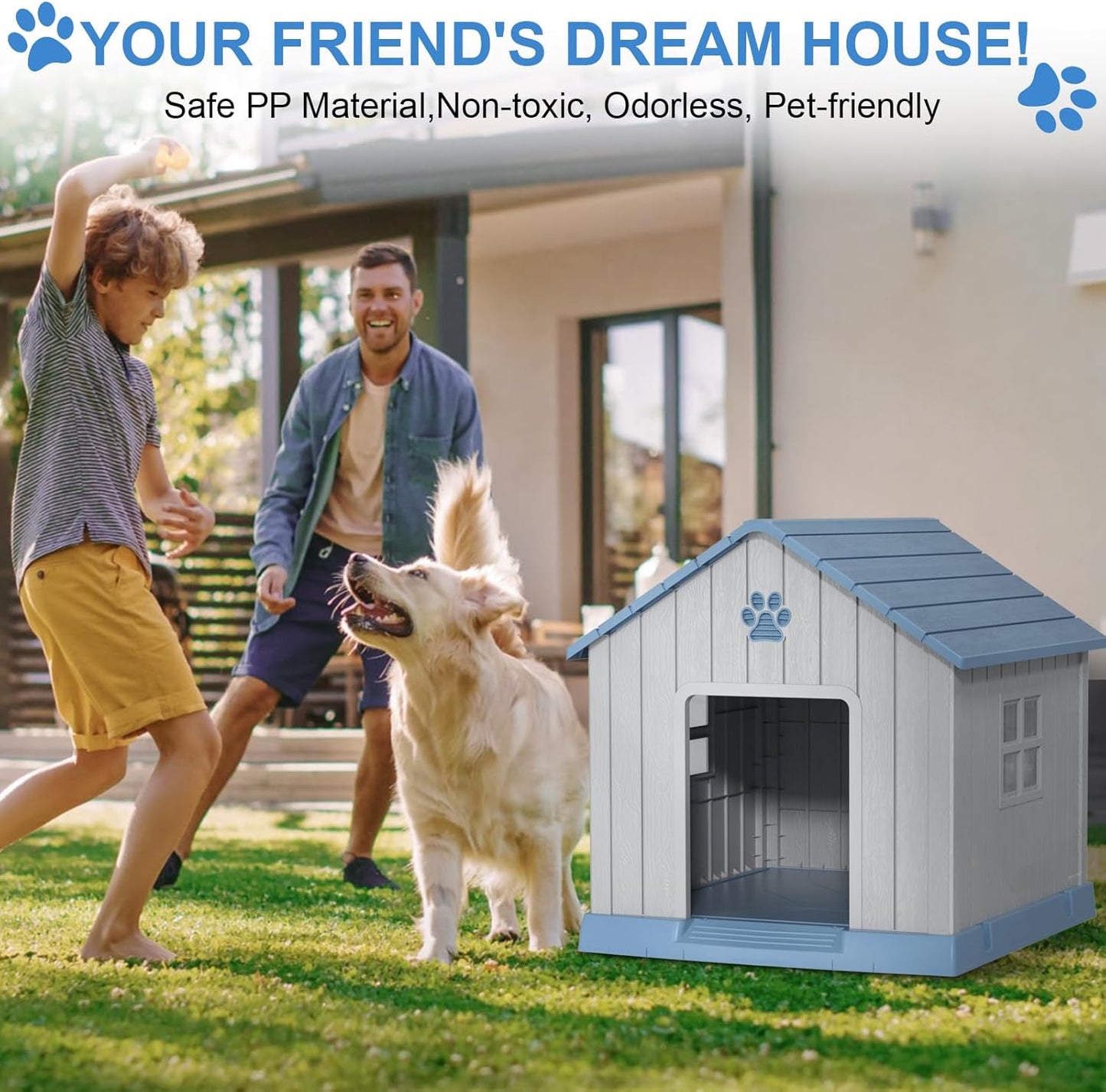 31'' Dog House Outdoor Indoor, Durable Waterproof Plastic Kennel for Small to Large Dogs, Easy Assembly with Air Vents and Elevated Floor (31.2''L x 33.5''W x 32.5''H, Blue)