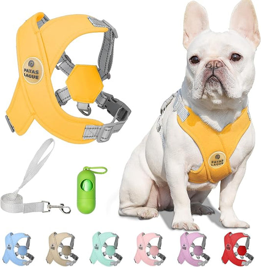 Patas Lague Dog Harness with Leash Set Adjustable Soft Padded Step-in Dog Vest No Choke No Pull Reflective for Small Medium Pets with Poop Bags and Dispenser, Solid and No-chew, Yellow S
