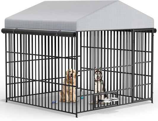 6.6 x 6.6 x 6.4 ft Outdoor Dog Kennels - Outside Dog Run Kennel with Waterproof Roof, Heavy Duty Outdoor Dog Enclosure with Rotating Feeding Bowls