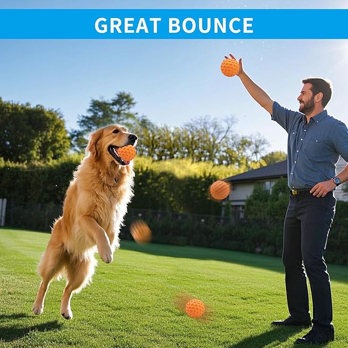 Durable Indestructible Squeaky Dog Ball for Aggressive Heavy Chewers, Unbreakable Tough Natural Rubber Dog Toy, Bouncy Interactive Ball for Medium & Large Dogs, Safe for Teeth & Gums (Orange)