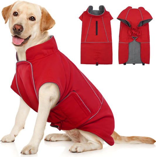 ROZKITCH Dog Rain Coat for Large Dogs, Waterproof Winter Jacket with Fleece Liner and Leash Hole Reflective Strip for Large Dog, Adjustable Hook & Loops Vest for Outdoor Hiking Travel Red 2XL