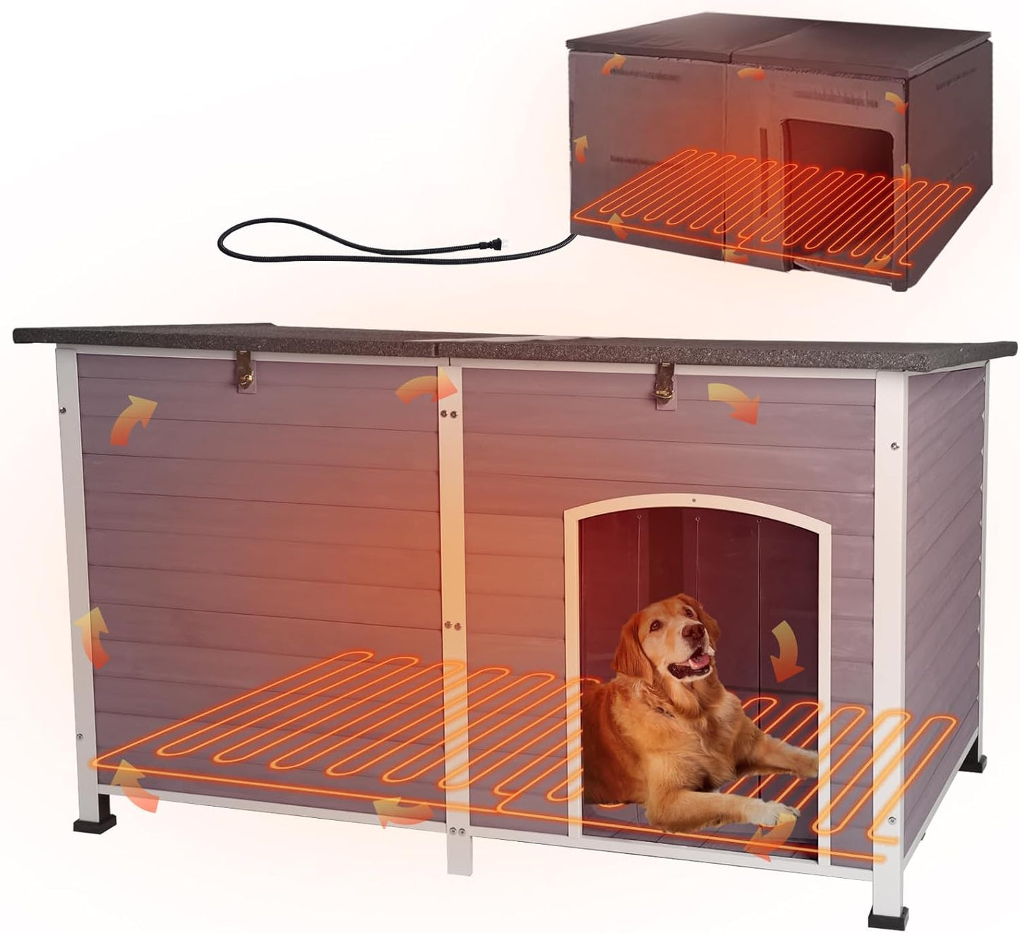 GUTINNEEN Extra Large Heated Dog House Insulated Dog Kennel with Safe Thermostat-Controlled Heating Pad, Chew-Proof Metal Frame, 6-Sided Thermal Liner for Large Dog Breeds, 59.1"x31.9"x35.4" (Grey)