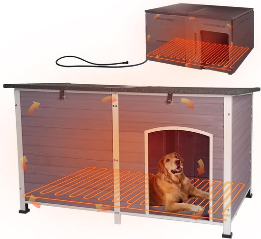 GUTINNEEN Extra Large Heated Dog House Insulated Dog Kennel with Safe Thermostat-Controlled Heating Pad, Chew-Proof Metal Frame, 6-Sided Thermal Liner for Large Dog Breeds, 59.1"x31.9"x35.4" (Grey)