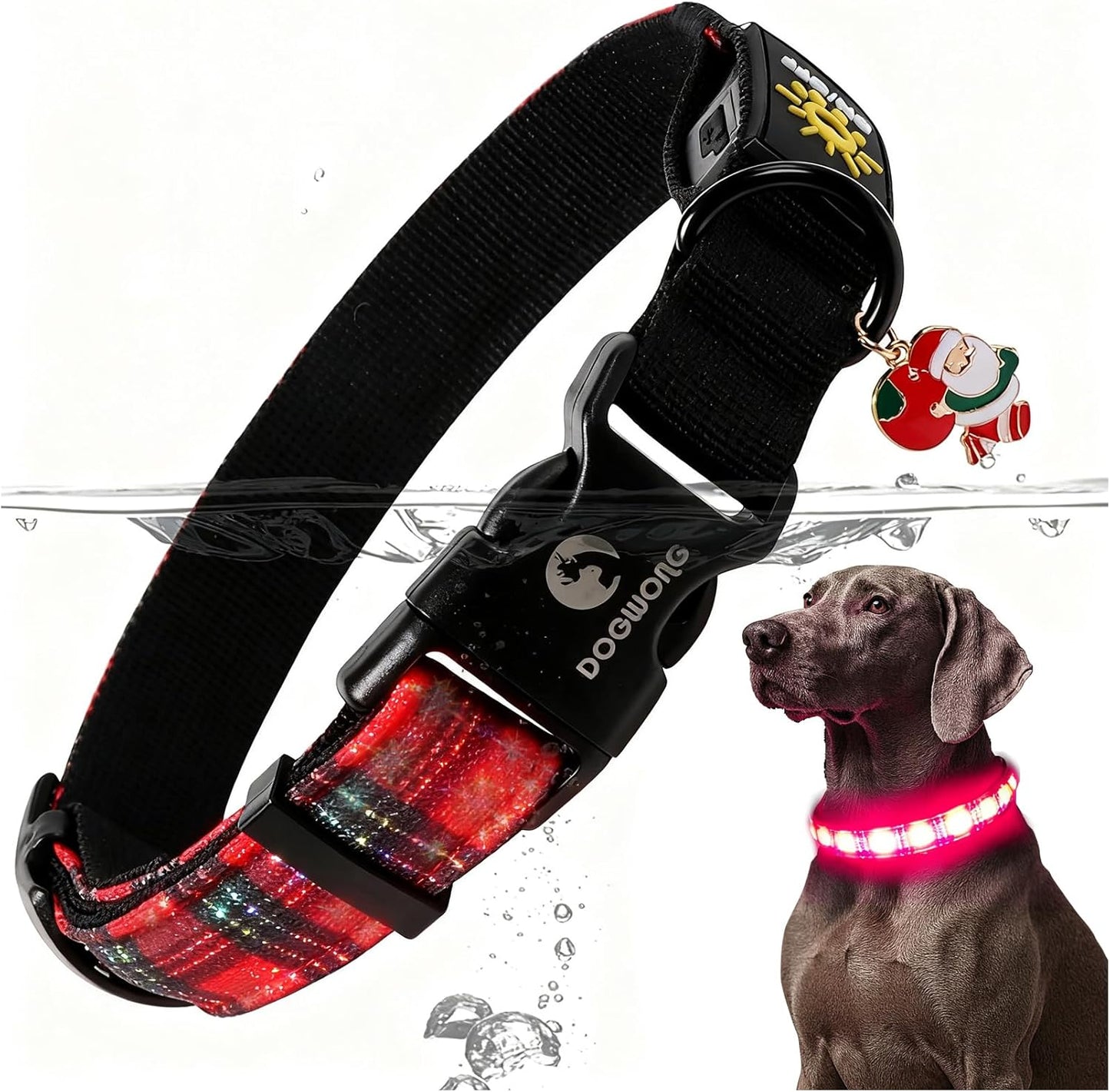 DOGWONG LED Dog Collar - Christmas Red Plaid Heavy Duty Light up Dog Collars - Rechargeable Waterproof - Lighted Dog Collars for Night Walking, Hiking, Camping(Red Plaid,M)