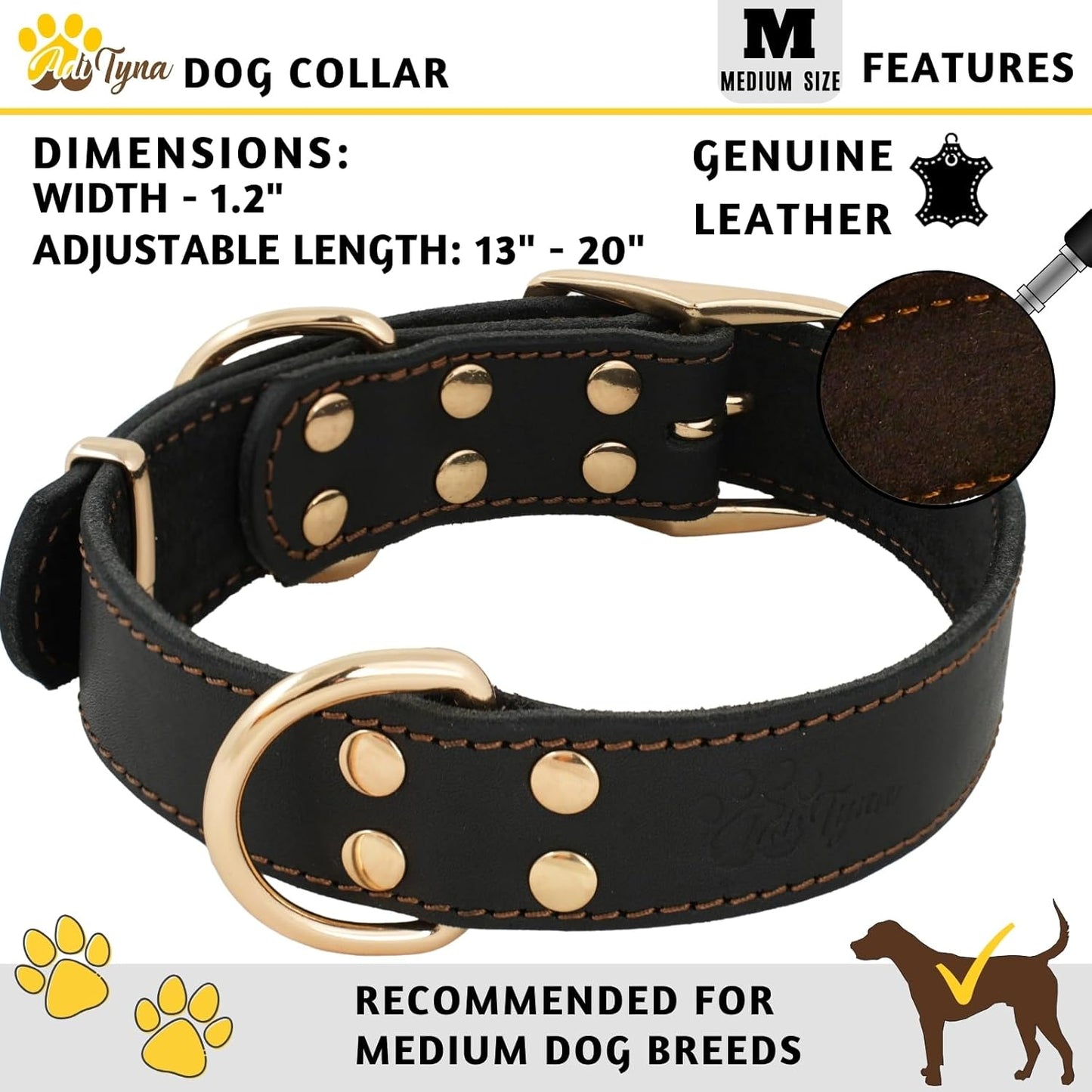 ADITYNA Heavy Duty Leather Dog Collar for Medium Dogs - Soft and Strong Leather Collar for Walking, and Training (Black - Gold Colored Buckle, Medium: Fit 13" - 20" Neck)