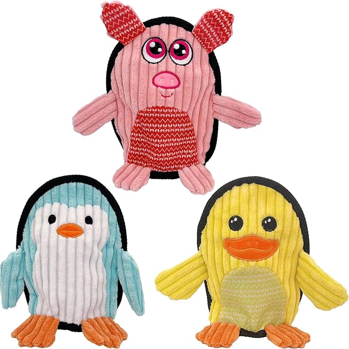 Squeaky Dog Toys 3 Pack, Soft and Tough Dog Plushes, No Stuffed Toy Sets, Durable Pet Chew Toys for Small, Medium and Large Dogs Interact and Reduce Boredom
