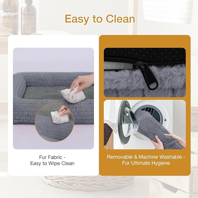 Plush Orthopedic Dog Bed for Medium Large Dogs, Memory Foam Bolster Sofa Bed with Removable Washable Cover, Waterproof Lining & Non-Slip Bottom (Grey-M)