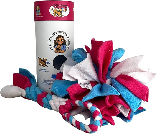 Chelsy's Toys 3-in-1 Enrichment Tube for Dogs - Tug Toy, Treat Dispenser & Snuffle Ball | Fleece Rope Dog Toy | Tug of War | Interactive Dog Treat Puzzle for Dogs & Puppies | Wet/Freeze Teether (Blue)
