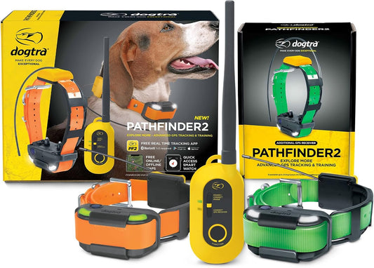Dogtra 2 Dog Pathfinder 2 GPS Dog Tracker e Collar with PATHFINDER2 Green Add on Receiver LED Light No Monthly fees Free App Waterproof Smartwatch Control Long Range Multiple Dogs Smartphone Required