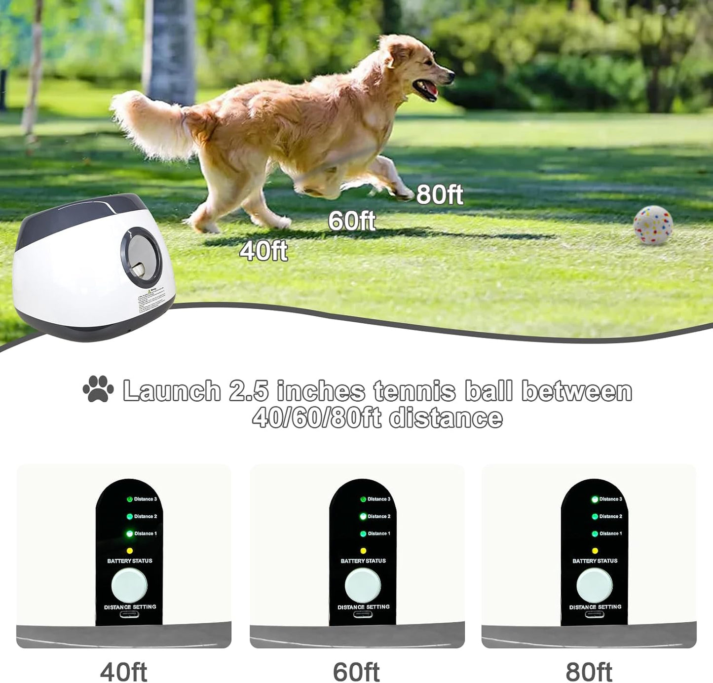 SOCO Automatic Ball Launcher for Dogs Large- 3 Distance Settings (40/60/80FT) w/Remote Control | 2.5" ETPU Tennis Balls | Indoor/Outdoor Dog Toy | 6 Balls & Quick Charge Included