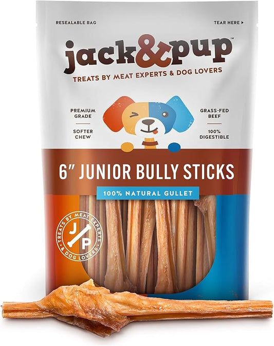 Jack&Pup 6 Inch Bladder Bully Sticks for Small Dogs (25 Pack) Single Ingredient Dog Treats, Puppy Chew Sticks