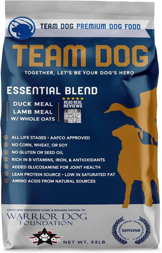 Team Dog Essential Blend Duck & Lamb Dog Food with Whole Oats | Sensitive Stomach Dog Food | Gluten Free, GMO Free, No Corn, Wheat or Soy | All Life Stage Formula (33 lb)