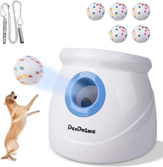 Pet Prime Upgraded Automatic Ball Launcher for Large Dogs,Rechargeable Dog Ball Thrower for Outdoor Exercise & Interactive Play,Adjustable 10-64ft Thrower with 6PCS 2.5" ETPU Balls,1 Dog Whistle