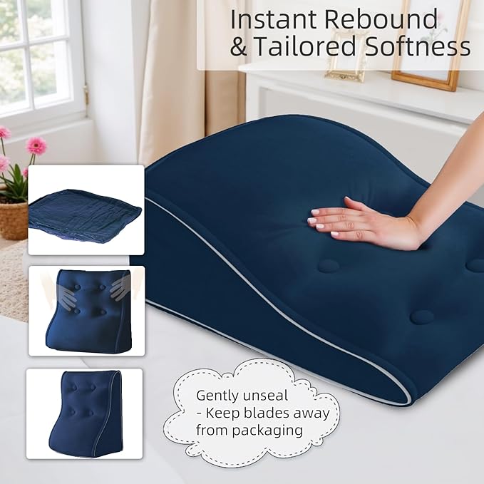 Bed Wedge Pillow for Headboard Triangle Pillow Wedge Set for Sitting in Bed Acid Reflux, Post Surgery and Snoring (Velvet Deep-Blue)