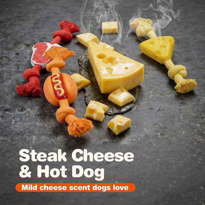 FOFOS Rubber Dog Rope Toys, 3 Pack Cheese Flavored Dog Chew Toys, Rubber Dog Toys with Cotton Rope, Boredom Relief Tug of War Toys for Small Medium Dogs