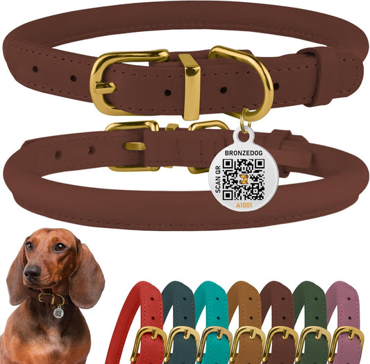 BronzeDog Rolled Leather Dog Collar with QR ID Tag, Adjustable Soft Round Collars for Small Medium Large Dogs Puppy (14" - 16" Neck Size, Cognac Brown)