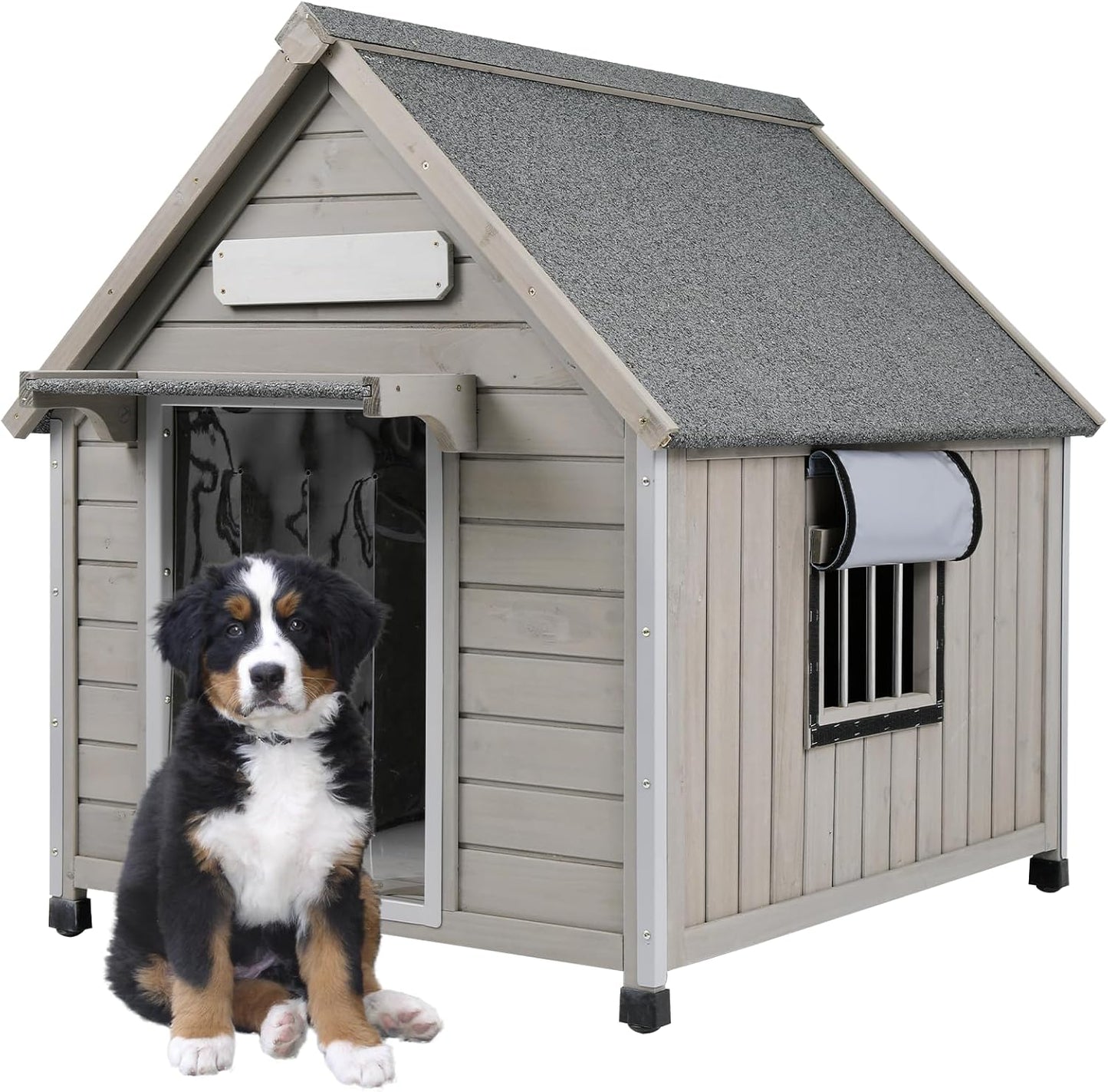PetsCosset 30.5" L Outdoor Dog House with Waterproof Asphalt Roof for Small to Medium Dogs,Large Wooden Indoor Dog Kennel with Anti-Chewing Metal,Oxford Cloth Window,Durable Doghouse for 1-2 Dogs