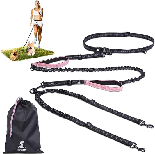 SparklyPets - Hands Free Double Dog Leash - Dual Dog Leash for 2 Small Dogs - with Padded Handles, Reflective Stitches - No Pull, Tangle Free, for Walking, Hiking, Canicross - for Small Dogs