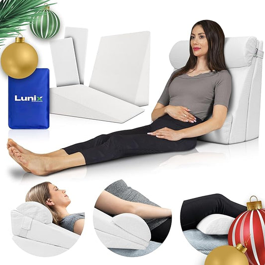 Lunix 4pcs Orthopedic Bed Wedge Pillow Set for Sleeping – Adjustable Post Surgery Back, Leg & Knee Support, Acid Reflux & GERD Relief, Memory Foam Head Pillows, with Hot/Cold Pack, White
