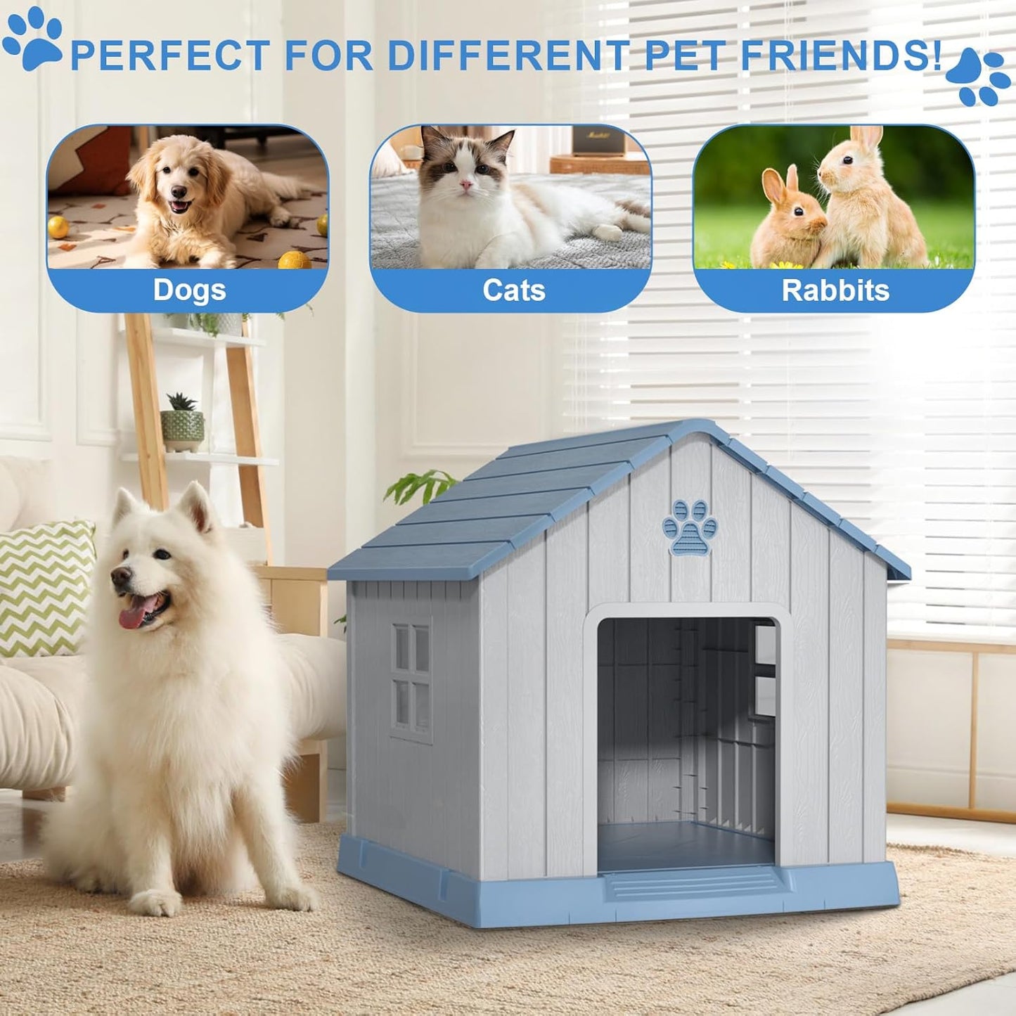EasyUp Dog House Outdoor Indoor,Dog House Weatherproof Resin Shelter with Air Vents and Elevated Floor for Small Medium Large Dogs,Easy Clean and Assemble(37.8 * 40.87 * 38.82in,Blue)