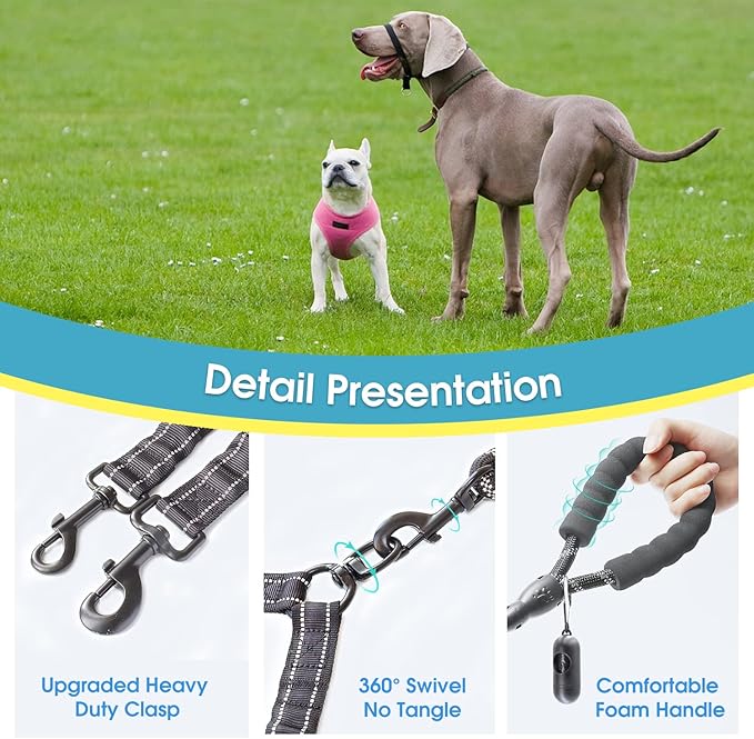 BAAPET Double Dog Leash, 4 FT Rope Dog Leash with Tangle Free Shock Absorbing Bungee and Poop Bags for Dual Small Medium Large Dogs (Small, Black)