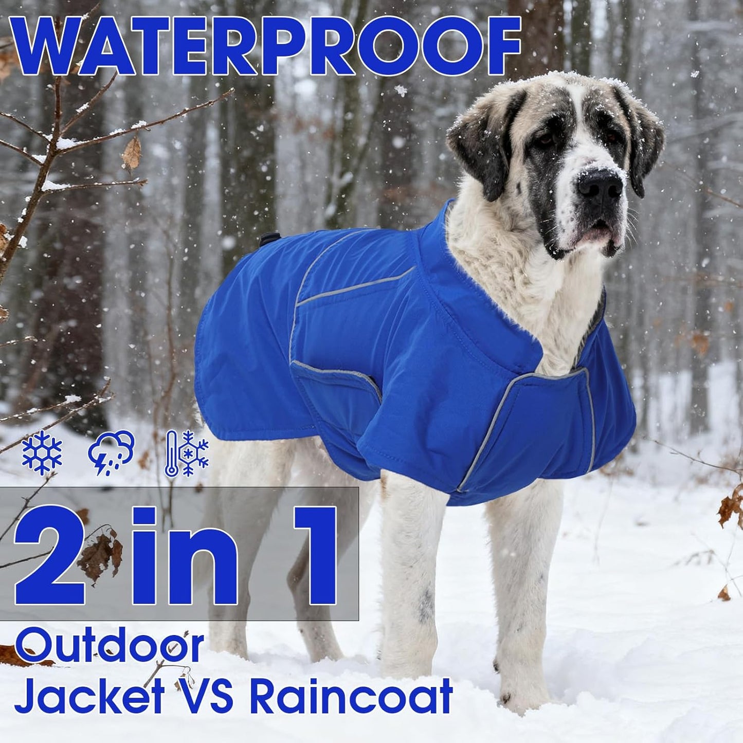ROZKITCH Great Dane Clothes, Waterproof Dog Rain Jacket with Fleece Liner and Leash Hole Reflective Strip for Extra Large Dog, Windproof Adjustable Poncho Vest for Outdoor Hiking Travel Blue 3XL