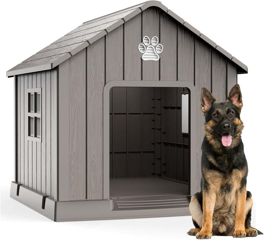 EasyUp Dog House Outdoor Indoor,Dog House Weatherproof Resin Shelter with Air Vents and Elevated Floor for Small Medium Large Dogs,Easy Clean and Assemble(31.18 * 33.7 * 32.52in,Coffee)