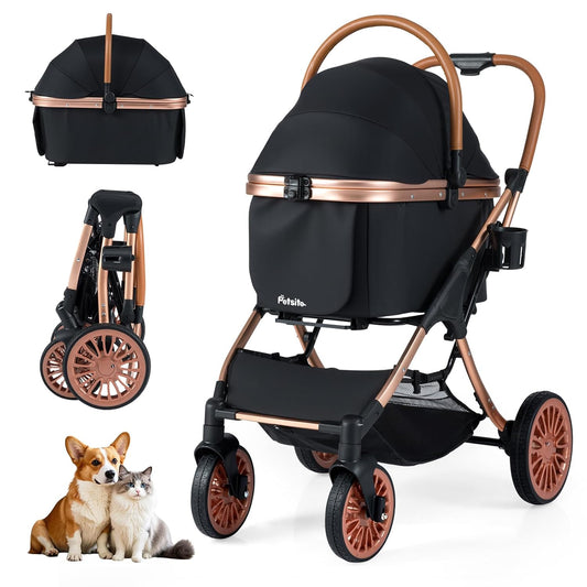 PETSITE 3-in-1 Pet Stroller for Small & Medium Sized Dogs, Foldable 4 Wheels Dog Stroller with Removable Carrier, Sun Shade, Removable Pad, Safety Belt, Storage Basket & Cup Holder
