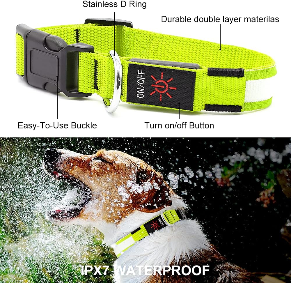 YFbrite Ultra Light Adjustable LED Dog Collar, Light up Dog Collars Rechargeable Glowing in The Dark Collars Visiblity & Safety for Small, Medium, Large Dogs (Green, Small)