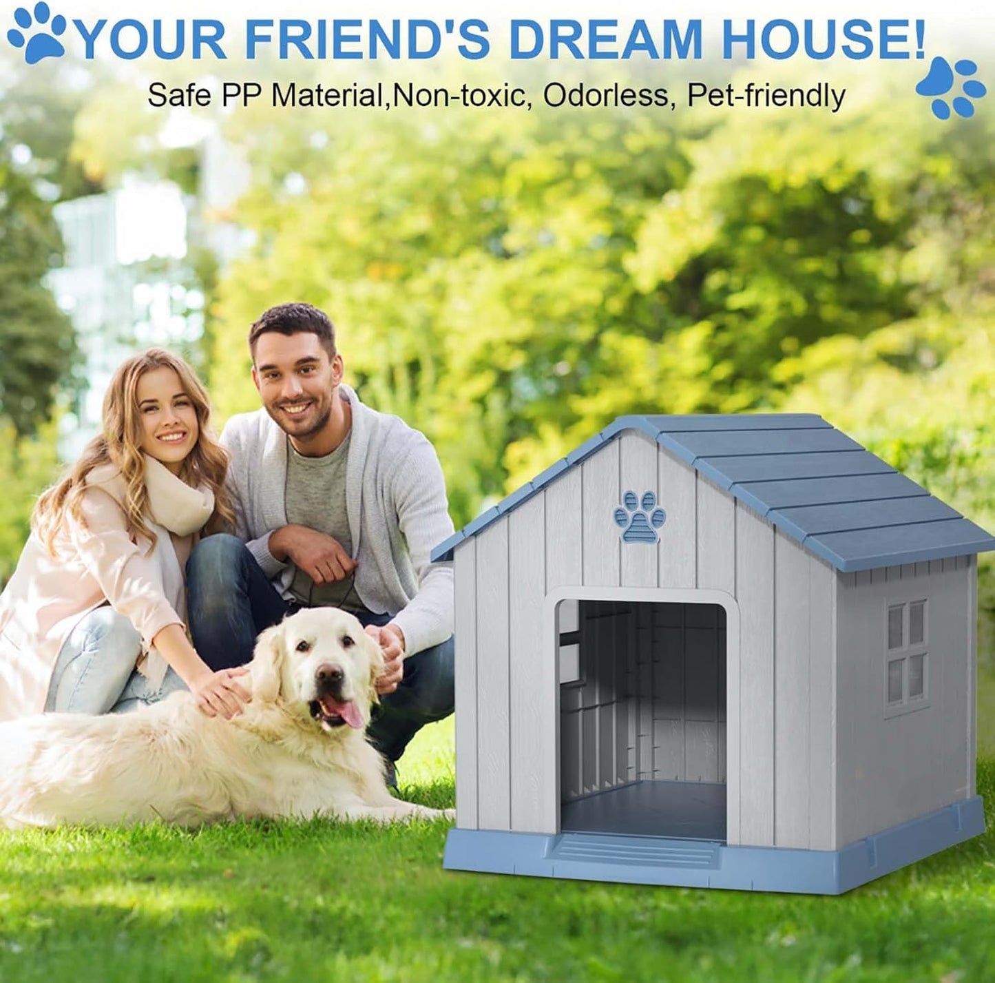 EasyUp Dog House Outdoor Indoor,Dog House Weatherproof Resin Shelter with Air Vents and Elevated Floor for Small Medium Large Dogs,Easy Clean and Assemble(37.8 * 40.87 * 38.82in,Blue)