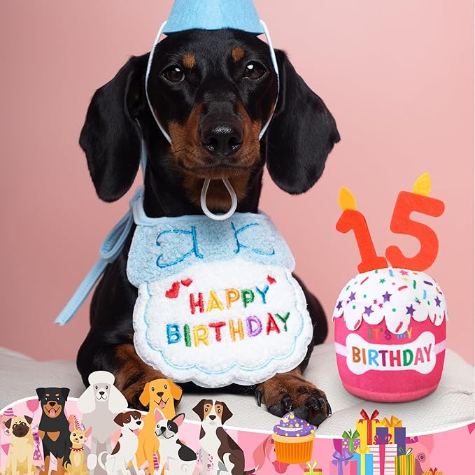 Dog Birthday Cake Toy Accessories for Girl Boy Gifts, Squeaky Plush Toy for Dog Birthday Party Decor Favor for Large, Medium and Small Dogs(15th,Pink)