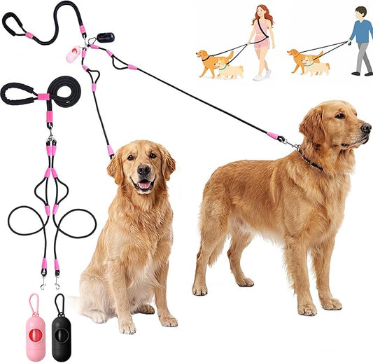 Thinkday Hands Free Double Dog Leash with 2 Dog Poop Bags No Tangle Dual Leash 5.9 ft Multifunctional Crossbody Rope with Padded Handles for Medium Small Breeds Lead for 2 Dogs, No Pull, Tangle Free