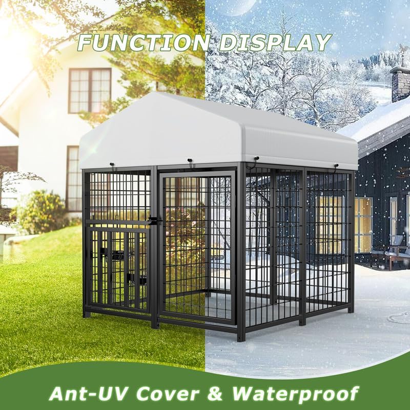 ROOMTEC Large Dog Kennel Outdoor Pet Pens Dogs Run Enclosure Animal Hutch Metal Coop Fence with Roof Cover (4'L x 4'W x 4.25'H)
