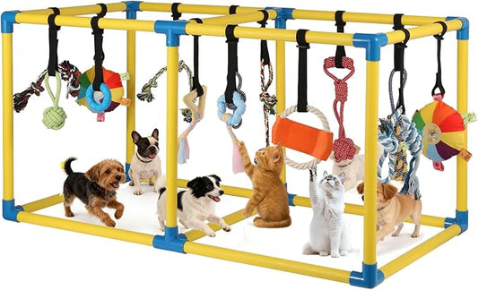 Upgraded Puppy Play Gym with 14 Hanging Toys -Small Dogs Indoor Jungle Gym-Adjustable PVC Frame, Teething & with Mental Stimulation