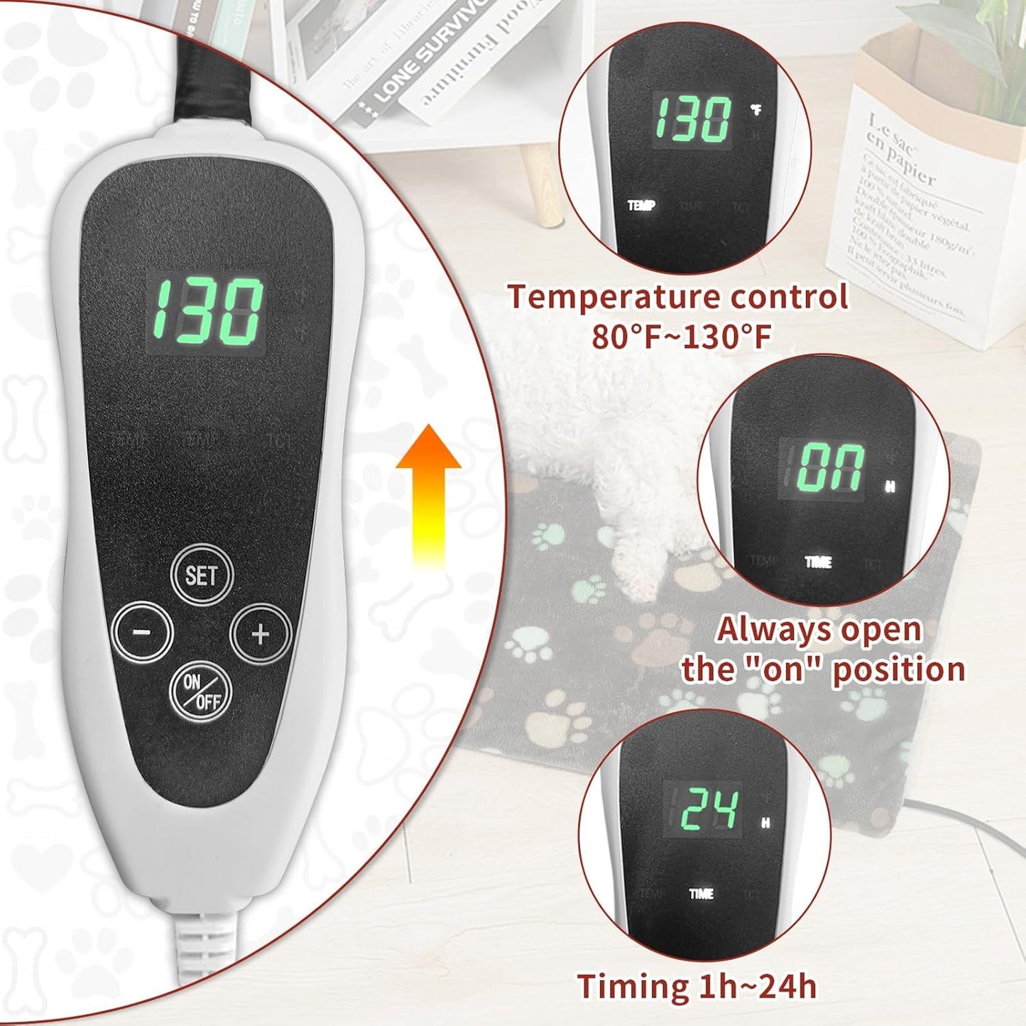 Puppy Heating Pad 28x18 in with Smart Thermostat Switch and Power Line Protection Tube,Obtained MET and UL Dual Certification,Waterproof Pet Heating Pad for Dogs with Plush Fabric Cover-Black