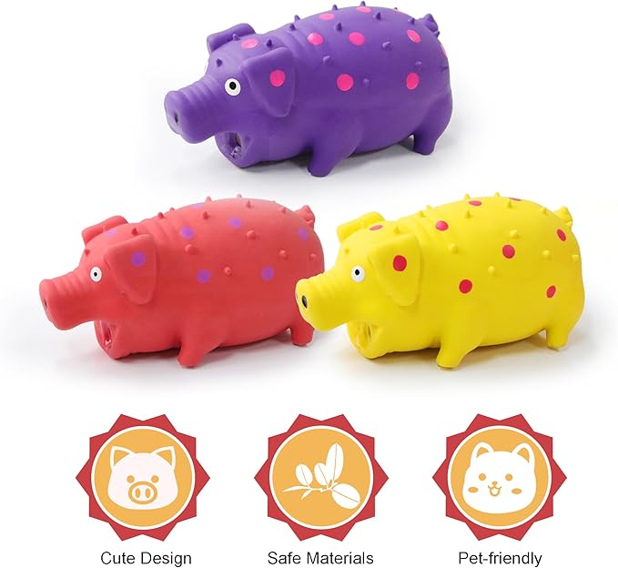 Pig Squeaky Dog Toy, Interactive Grunting Pig Toys That Oink 3 Pack, Rubber Dog Chew Toys Durable Color Spotted Pigs for Medium Large Dogs