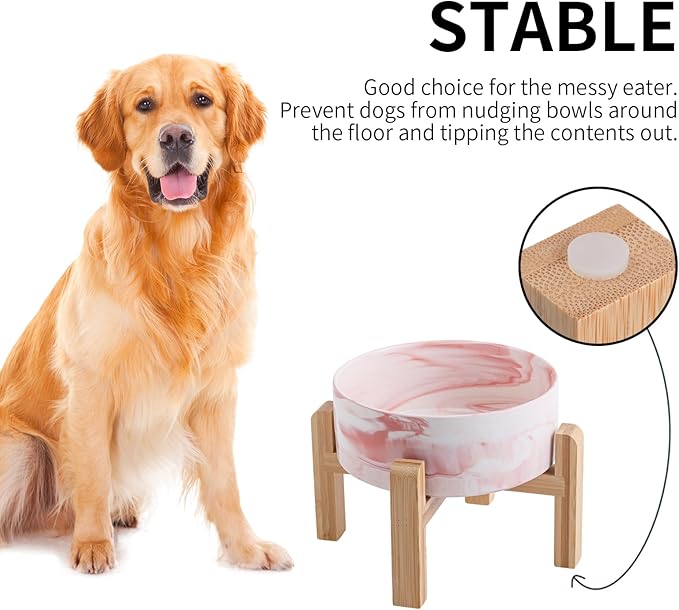 Elevated/Raised Dog Bowl Ceramic for Small Medium Sized Breed,Dog Food Water Bowl with Stand,6 in 3.6 Cups Non Slip Heavy Weighted Marble Pink