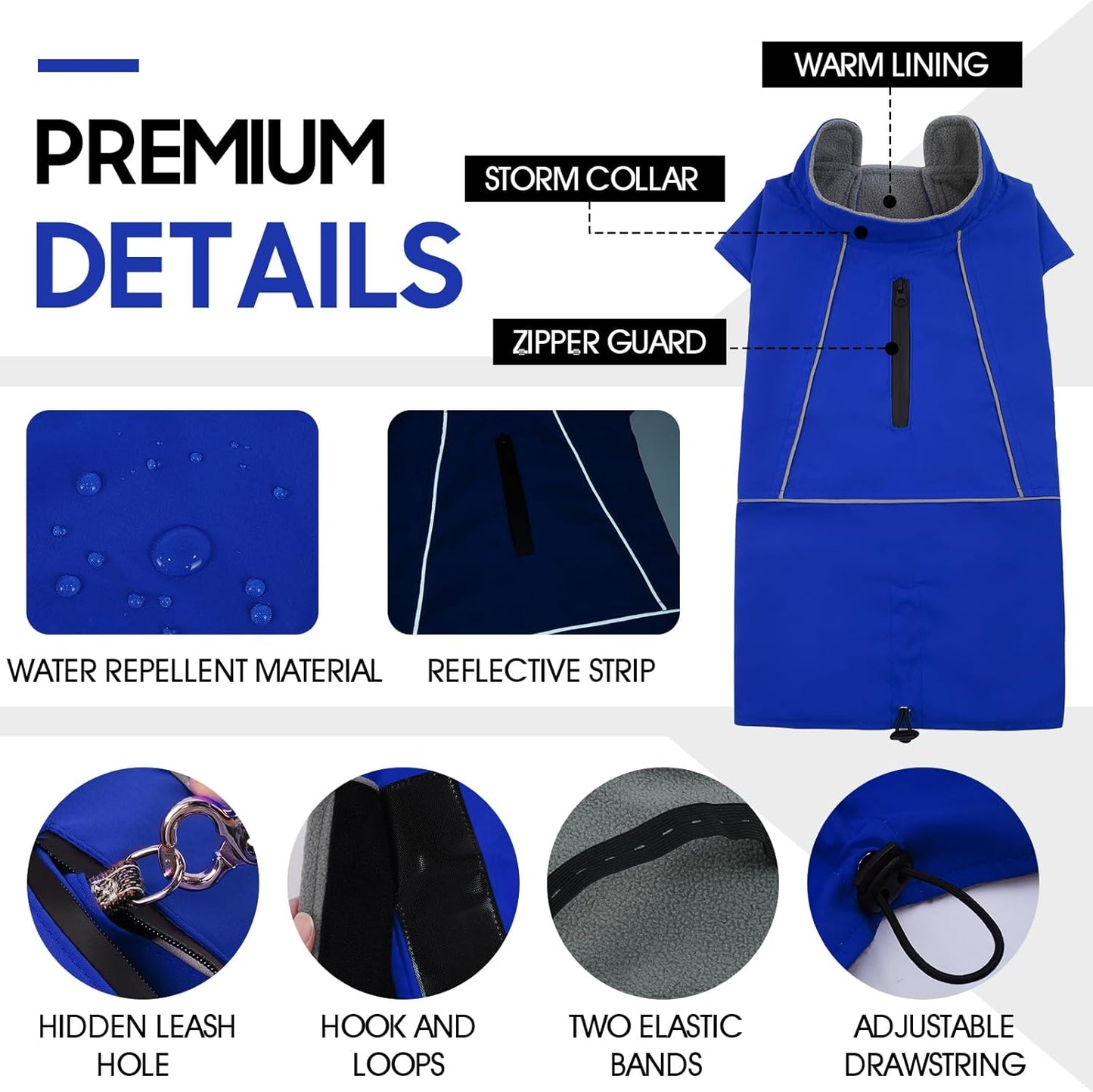 ROZKITCH Great Dane Clothes, Waterproof Dog Rain Jacket with Fleece Liner and Leash Hole Reflective Strip for Extra Large Dog, Windproof Adjustable Poncho Vest for Outdoor Hiking Travel Blue 3XL