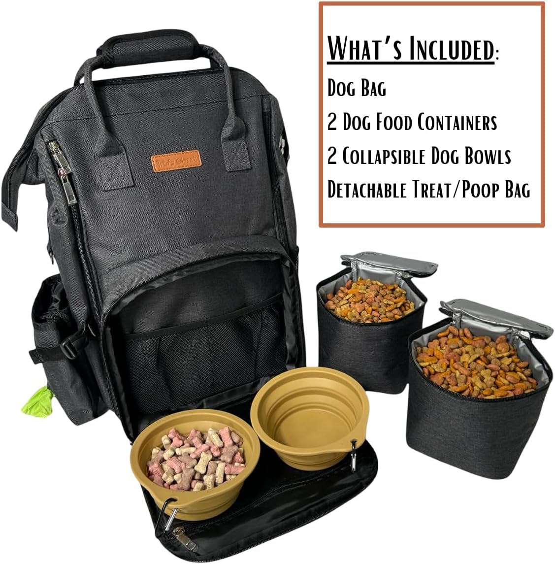 Tito's Closet Dog Travel Bag Includes Pet Travel Accessories 2-Pack Travel Bowl, 2 Dog Food Containers, Treat Bag (Black), DB2024