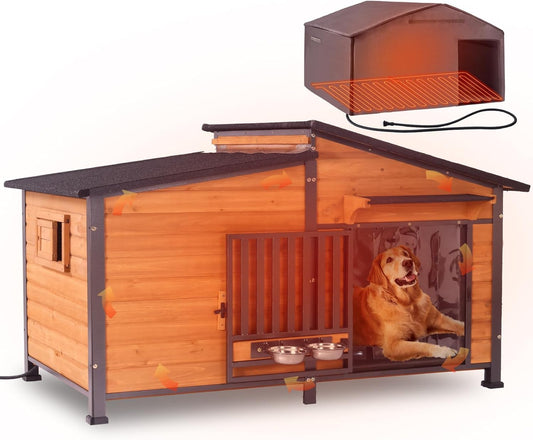 GUTINNEEN Extra Large Heated Dog House Insulated Dog Kennel Weatherproof Dog Shelter with Safe Heating Pad, Chew-Proof Metal Frame, Rotatable Spill-Proof Bowl for Large Dog Breeds, 60"L x 36"W x35.4"H