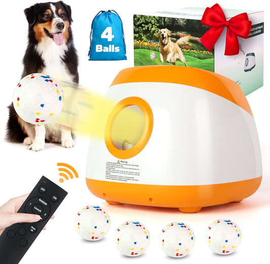 Automatic Ball Launcher for Dogs, Dog Ball Thrower with 40-60-80Ft Distance, Rechargeable Automatic Launcher with 4 Balls (2.5"), Remote Control Launcher for Medium & Large