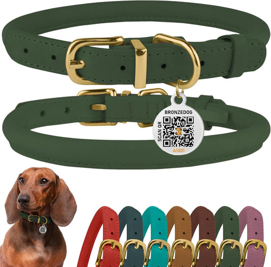 BronzeDog Rolled Leather Dog Collar with QR ID Tag, Adjustable Soft Round Collars for Small Medium Large Dogs Puppy (7" - 10" Neck Size, Emerald Green)