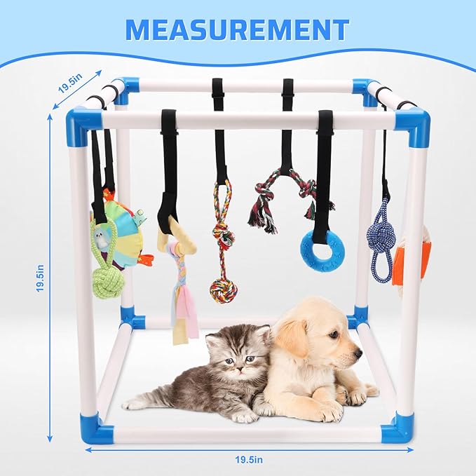 Puppy Play Gym with 8 Hanging Toys -Small Dogs Indoor Jungle Gym-Adjustable PVC Frame, Teething & with Mental Stimulation