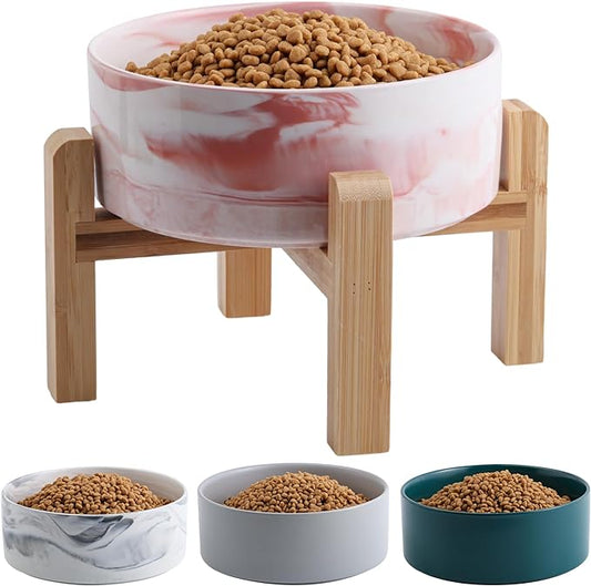 Elevated/Raised Dog Bowl Ceramic for Small Medium Sized Breed,Dog Food Water Bowl with Stand,6 in 3.6 Cups Non Slip Heavy Weighted Marble Pink