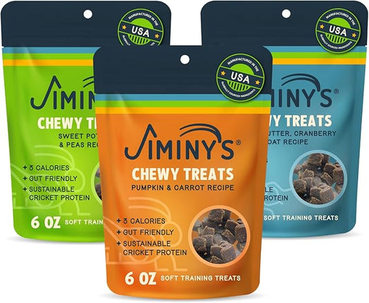 Jiminy's Chewy Cricket Dog Training Treats, Low Calorie, Hypoallergenic, Made in USA, 6oz, Variety Pack (Pack of 3)