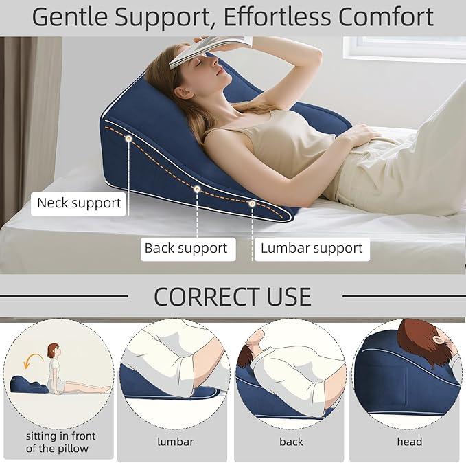 Bed Wedge Pillow for Headboard Triangle Pillow Wedge Set for Sitting in Bed Acid Reflux, Post Surgery and Snoring (Velvet Deep-Blue)