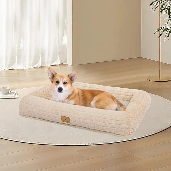 Plush Orthopedic Dog Bed for Medium Large Dogs, Memory Foam Bolster Sofa Bed with Removable Washable Cover, Waterproof Lining & Non-Slip Bottom (Tan-S)