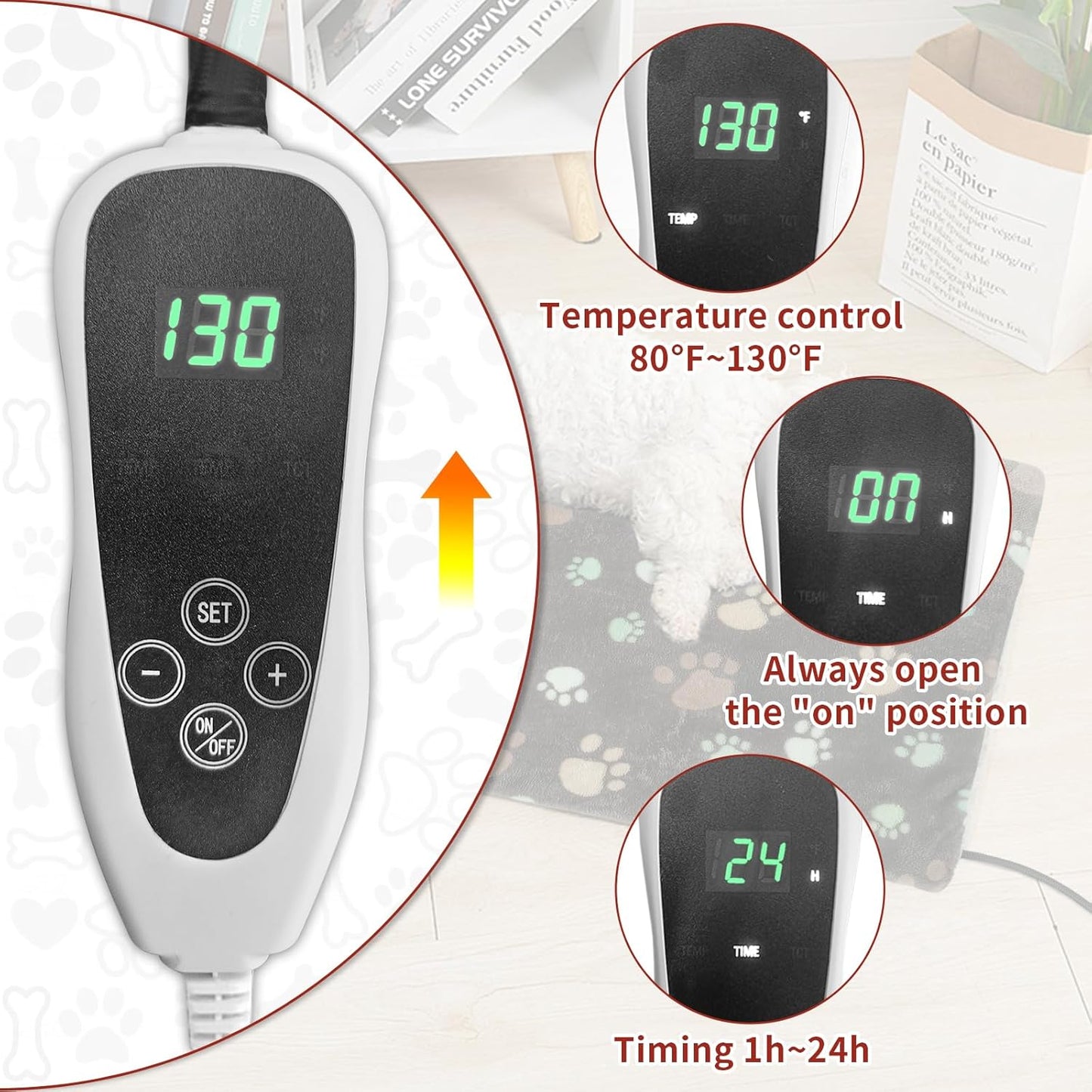 Pet Heating Pad 20x16 in with Smart Thermostat Switch and Power Line Protection Tube,Obtained MET and UL Dual Certification,Waterproof Pet Heating Pad for Dogs with Plush Fabric Cover-Black